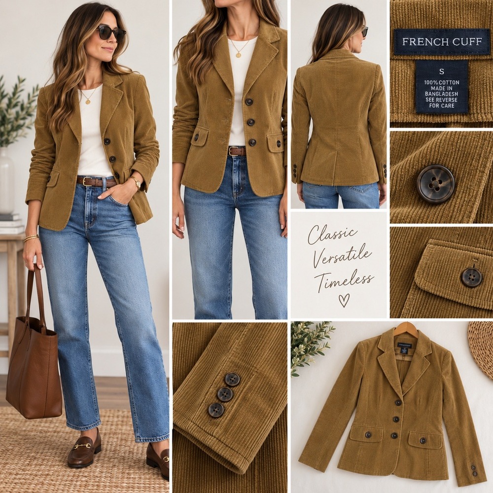 French Cuff Corduroy Blazer Womens S Brown Tailored Jacket Pockets Fall Preppy